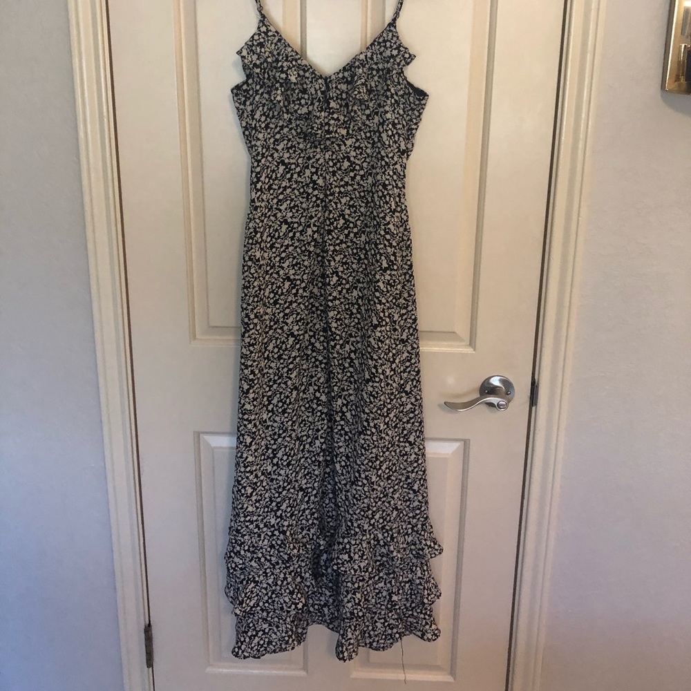 Black / White Floral Spaghetti Strap Ruffle Dress